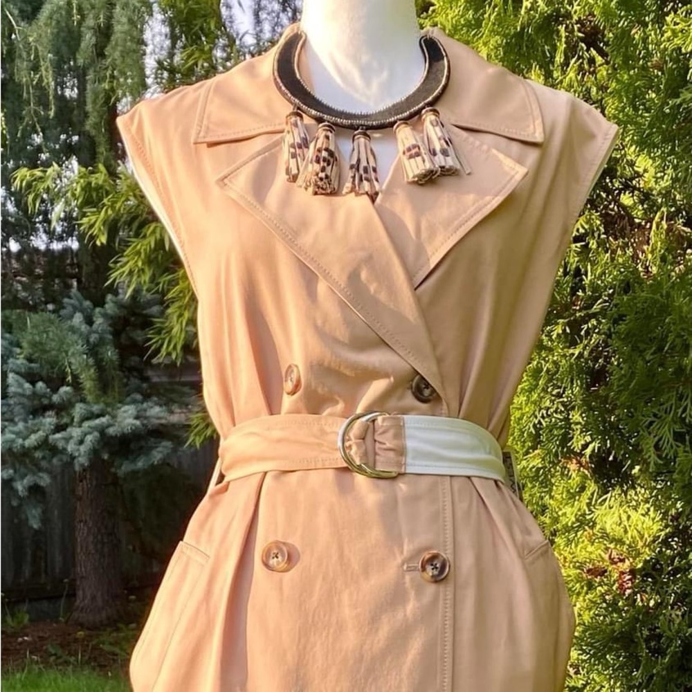 Nine West Midi Vest Trench with Belt Tan Brown White Spring Trench Festival Vest